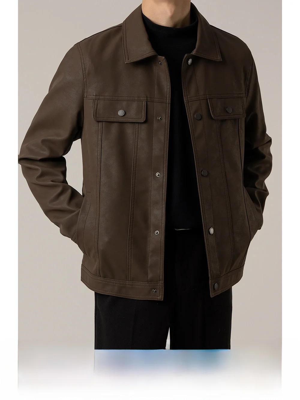 Spring Autumn Light Maturity Style Flip Collar PU Leather Jacket Men's Korean Version Trendy Casual Leather Jacket