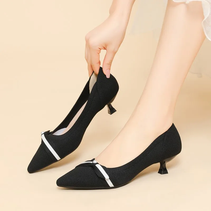 DIMANYU Women Dress Shoes Spring 2024 New Pointed Toe Pumps Women Office Shoes Knitted Pearls Large Size 41 42 43 Shoes Women