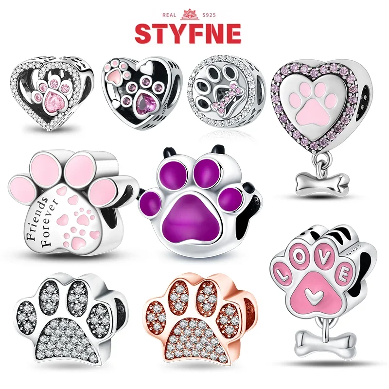 Real S925 Silver Cat Dog Pet Paw Prints Series Charms Heart Love Beads Fit Pandora Original Bracelets DIY Jewelry Gift Accessory