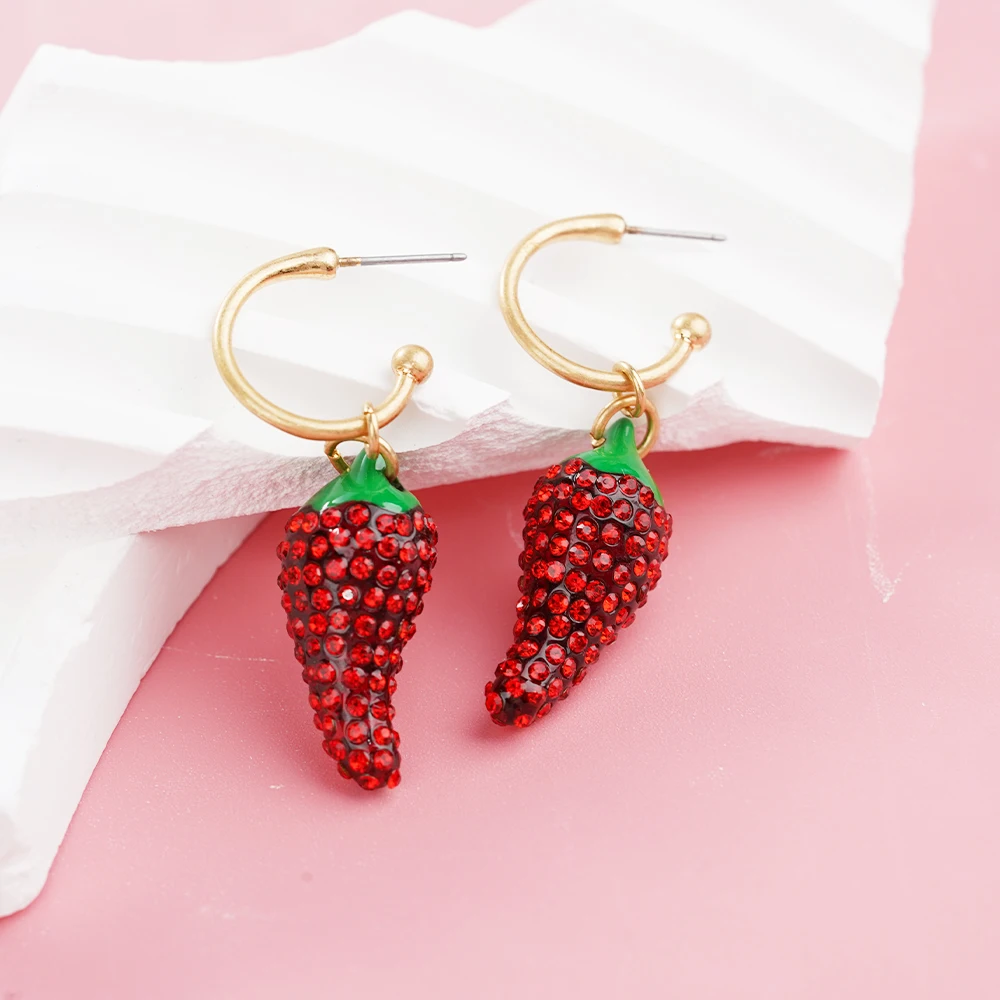 

Hoop Red Chili Earrings Vintage Dangle Pepper Carved Fishes For Women Geometric Gold Color Metal Trendy Women Girl Jewelry Sets