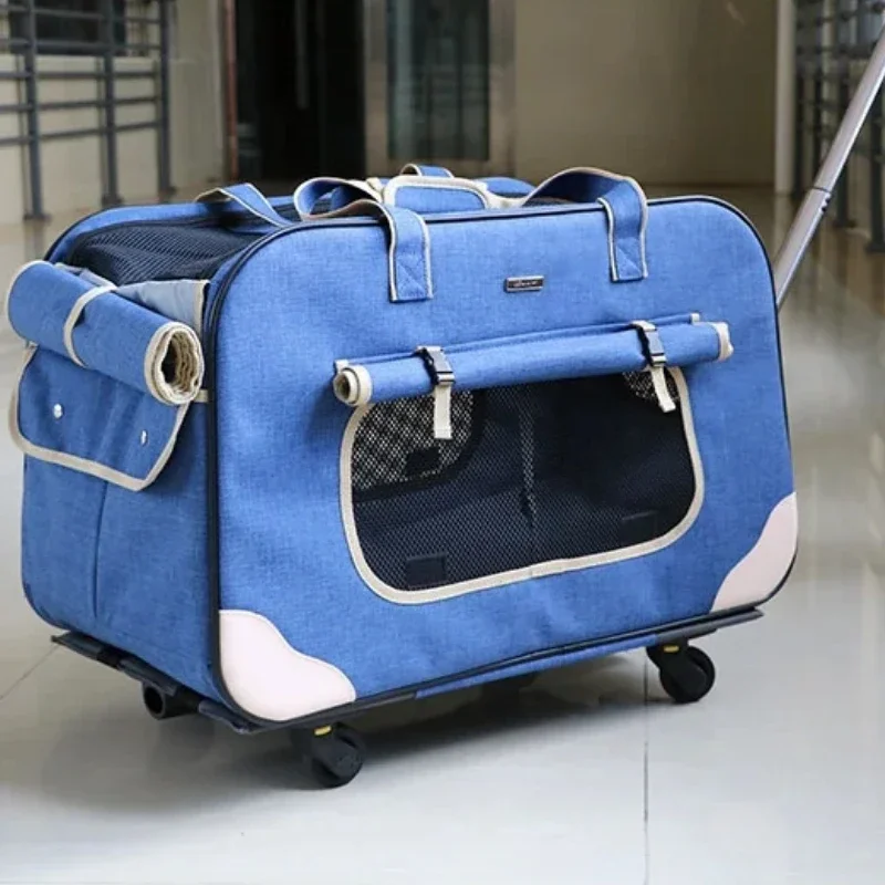 

Folding Pet Trolley with Breathable Panoramic SkylightFour-wheeled Dog Cart Cat Suitcase Bag Ideal Comfortable Pet Transport