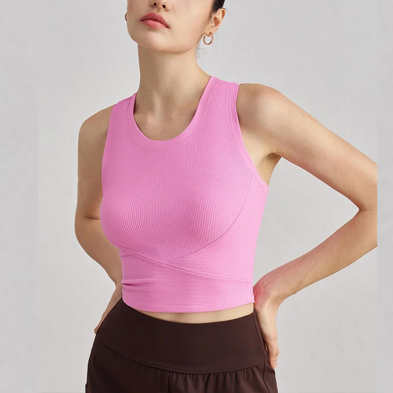 

PofyBofy Встроенный бюстгальтер для йоги Майка с круглым вырезом Спортивные бюстгальтеры со встроенными подушечками Майки для йоги Майки без рукавов Укороченные топы для фитнеса и тренировок Slim Fit