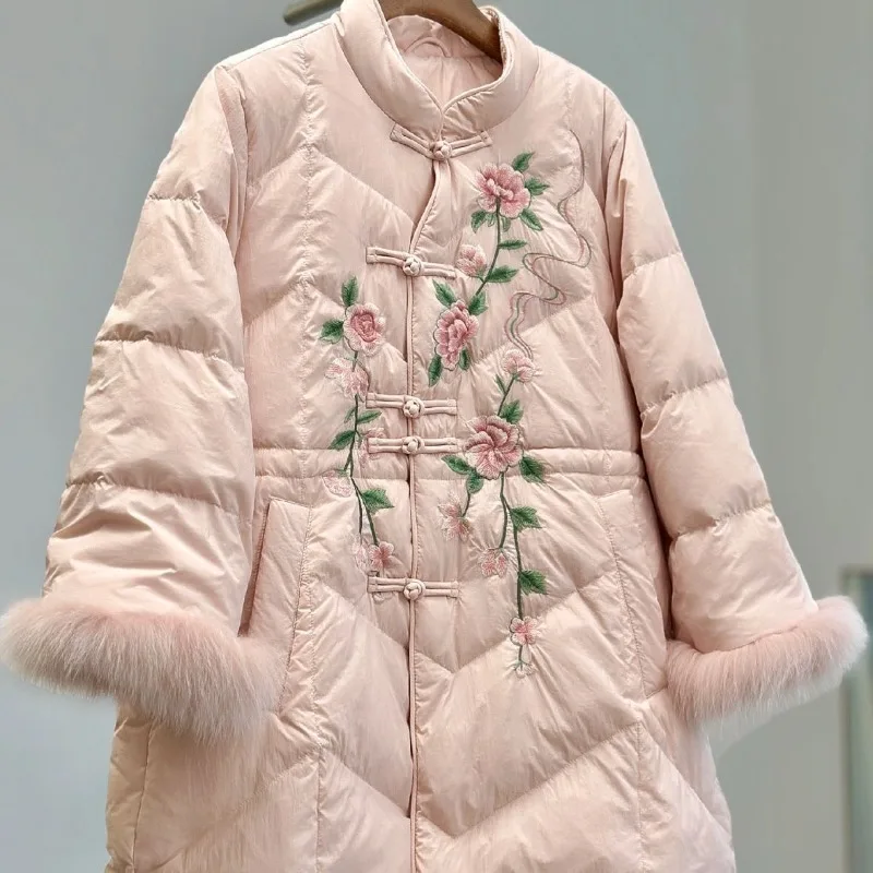 Nuovo stile nazionale cinese ricamo giacca calda piumino invernale anatra cotone lungo imitazione capelli di volpe splicing cappotto da donna di grandi dimensioni