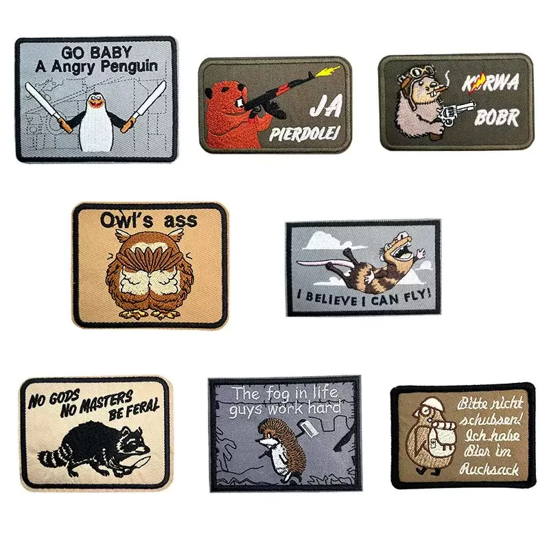 Cartoon Animal Embroidered Patches Hook and Loop, Funny Creature Decorative Badge Applique for Backpack Vest