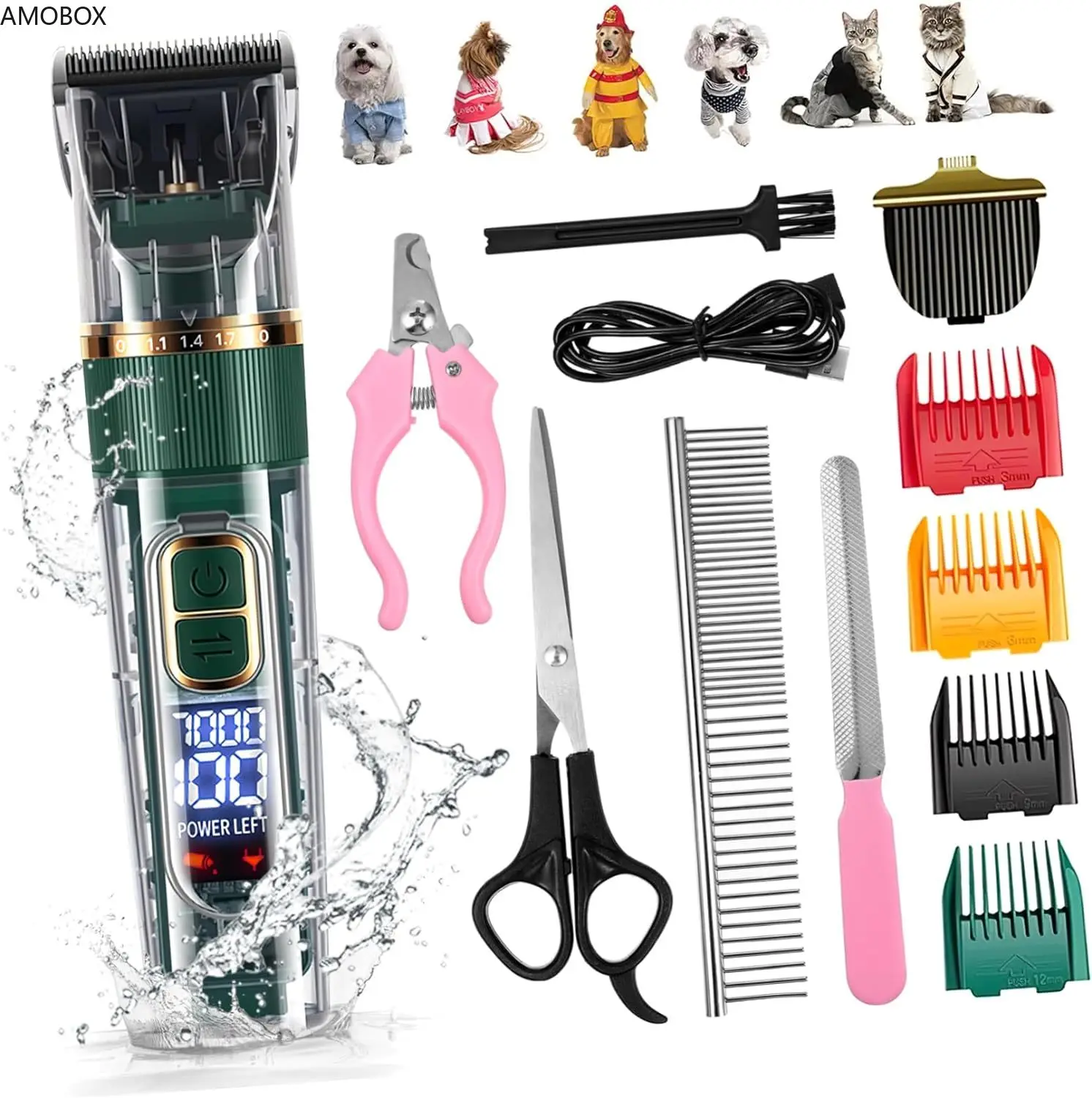 

AMOBOX-Rechargeable Cordless Dog Grooming Kit with LED Display,3-Speed,Low Noise, Waterproof Clippers for Small and Large Pets