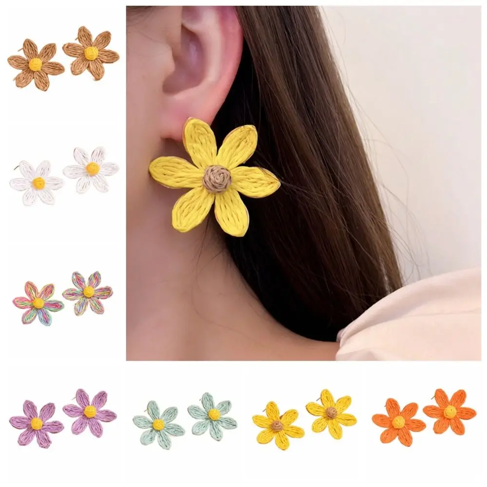 Raffia Sunflower Earrings Exaggerated Shape Bohemia Weaved Ear Accessories Ethnic Style Jewelry Flower Stud Earrings Daily