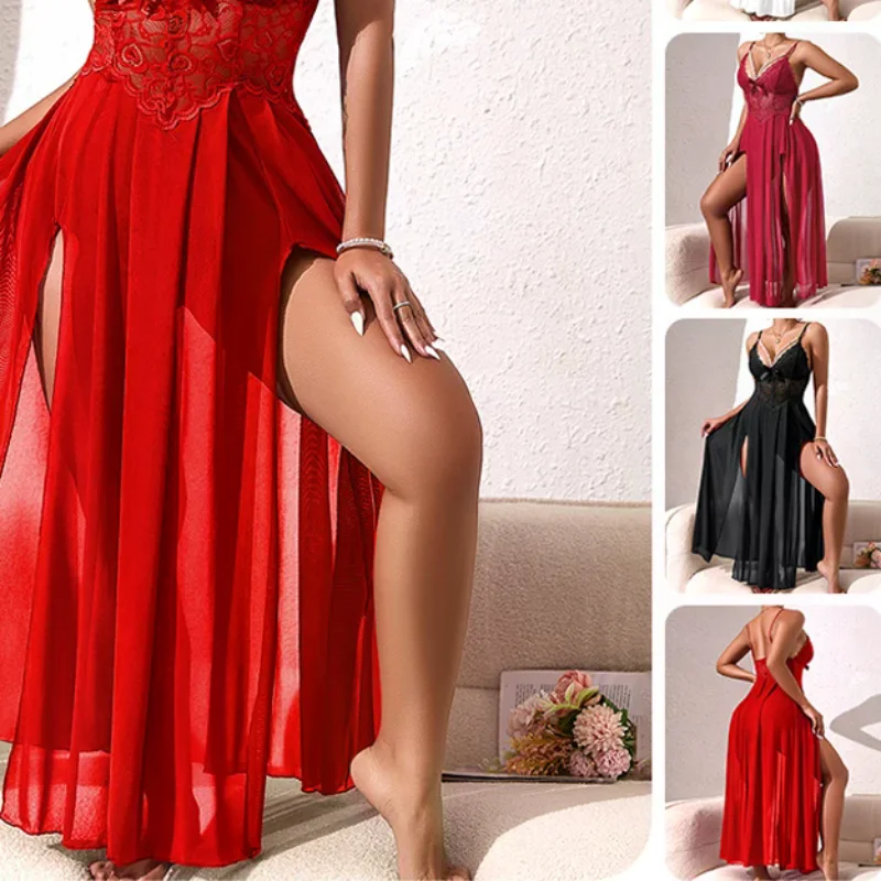 

Pearl Embellished Sleepwear Dress Sexy Mesh Side Slit Temptation Strap Long Dress Backless Deep V Suspenders Sleeveless