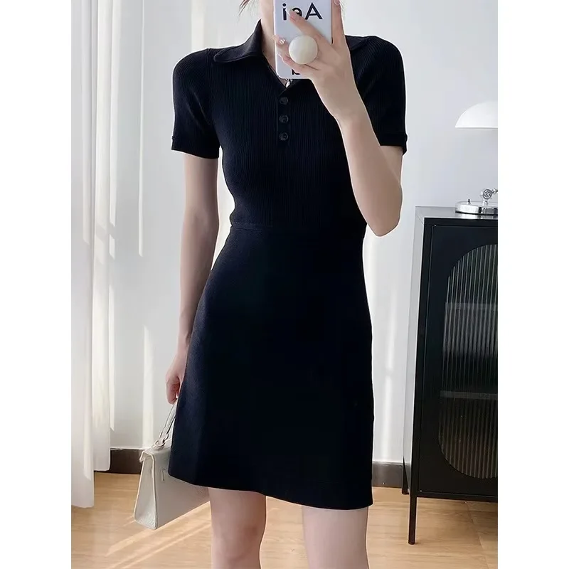 

Polo lapel dress solid color waist cinching, concealing flesh and slimming A-line skirt knitted for home 24 early autumn