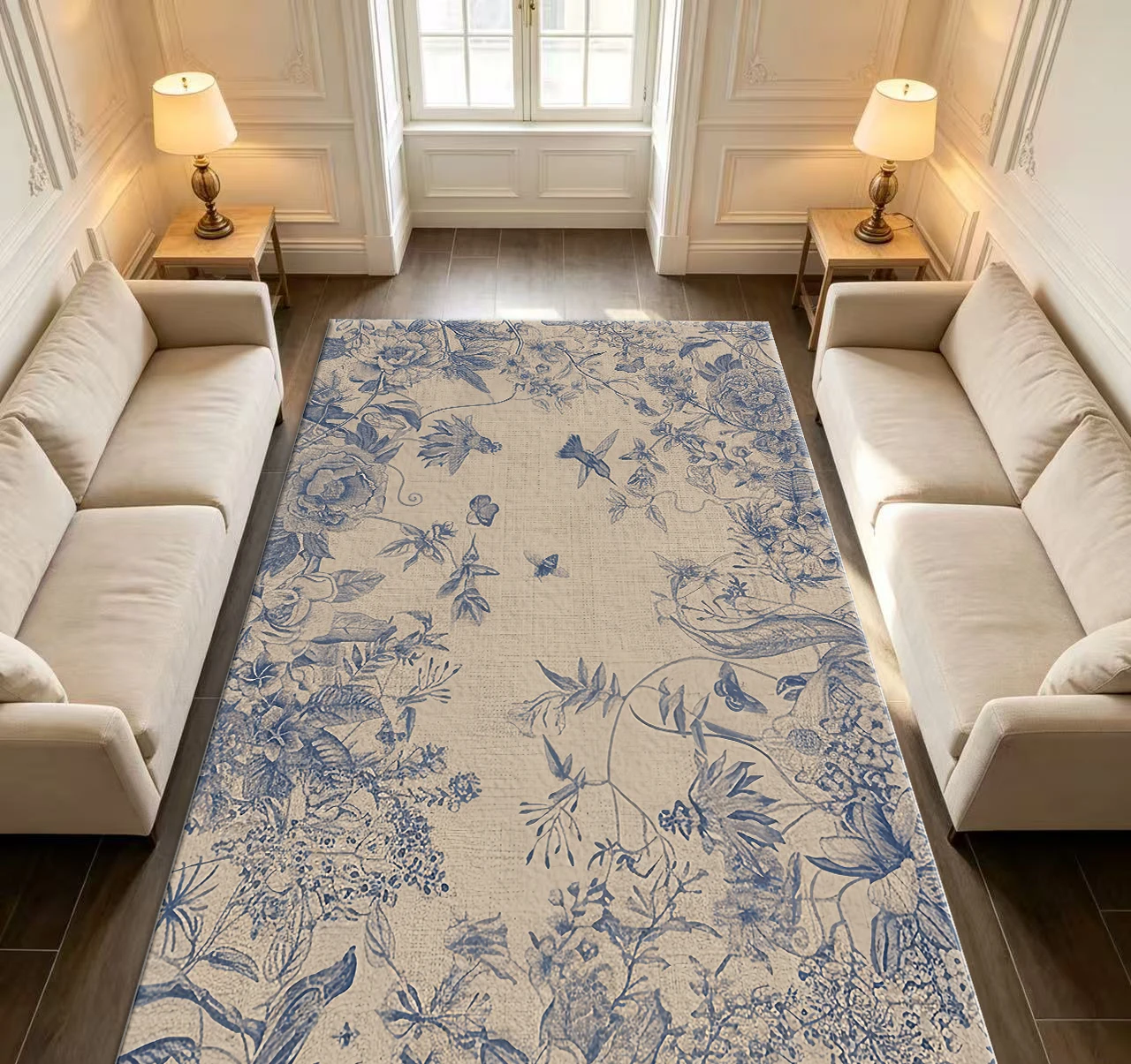 Retro Blue Floral Hummingbird Print Area Rug Vintage Botanical Carpet for Living Room Bedroom Indoor Home Decoration