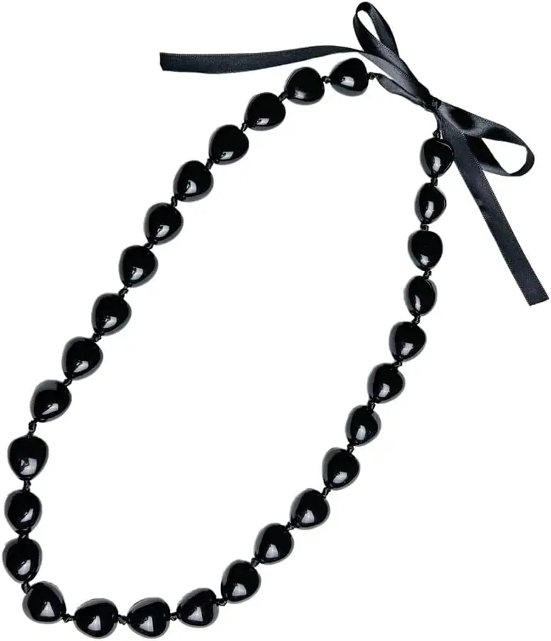 Graduation Black Kukui Nut Leis Flower Necklace Ribbon Bow Tie Closure Adjustable Acrylic Heart Shell Beads for School College