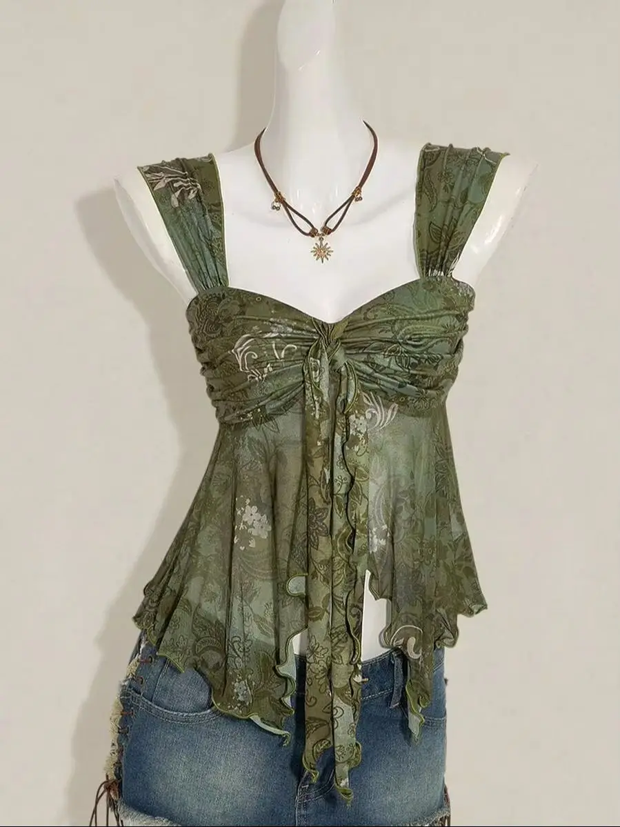 Casual Sweetheart Neck Ruffle Trim Mesh Tank Top. Sd1125915dc1547839ad4a82171855133B