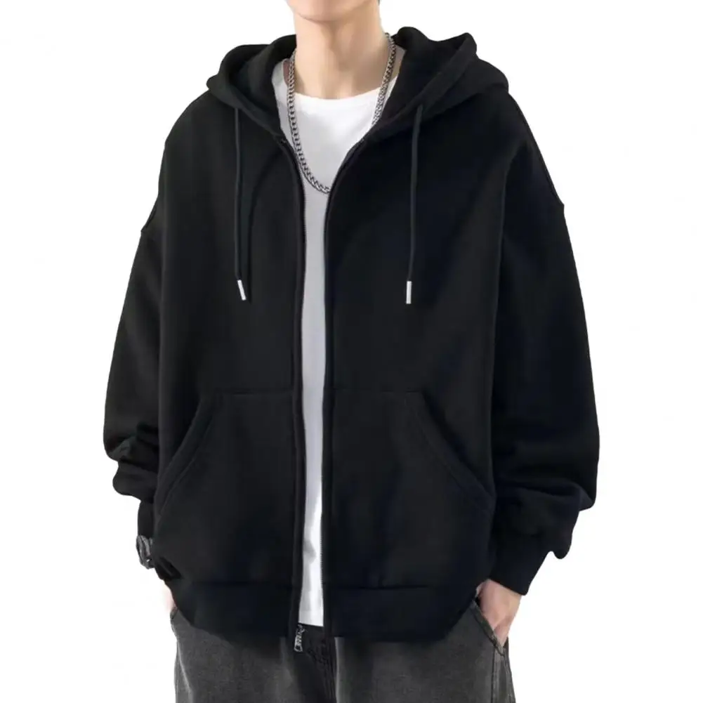 

Men Jacket Men's Fall Winter Hoodie Zip-up Cardigan with Drawstring Pockets Hood Plus Size Casual Coat for Daily Wear Soft Long