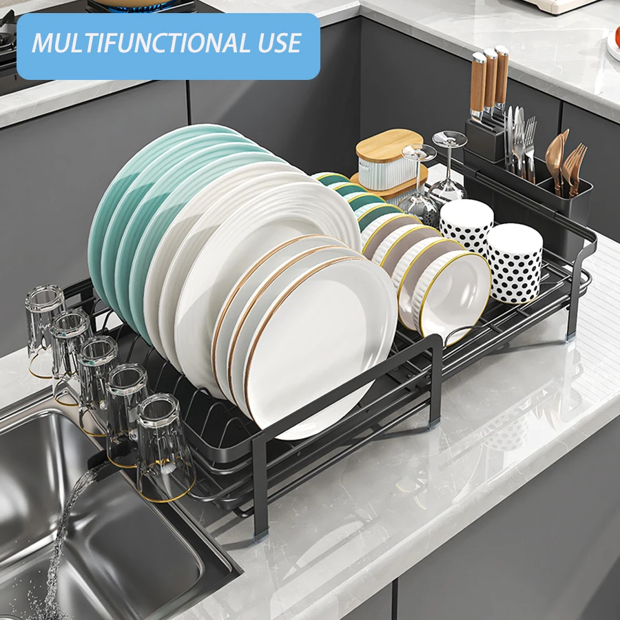 رف تجفيف الأطباق الكبير مع لوح تصريف، رف أطباق قابل للتوسيع لطاولة المطبخ، حامل أواني وخطافات أكواب، مقاوم للصدأ