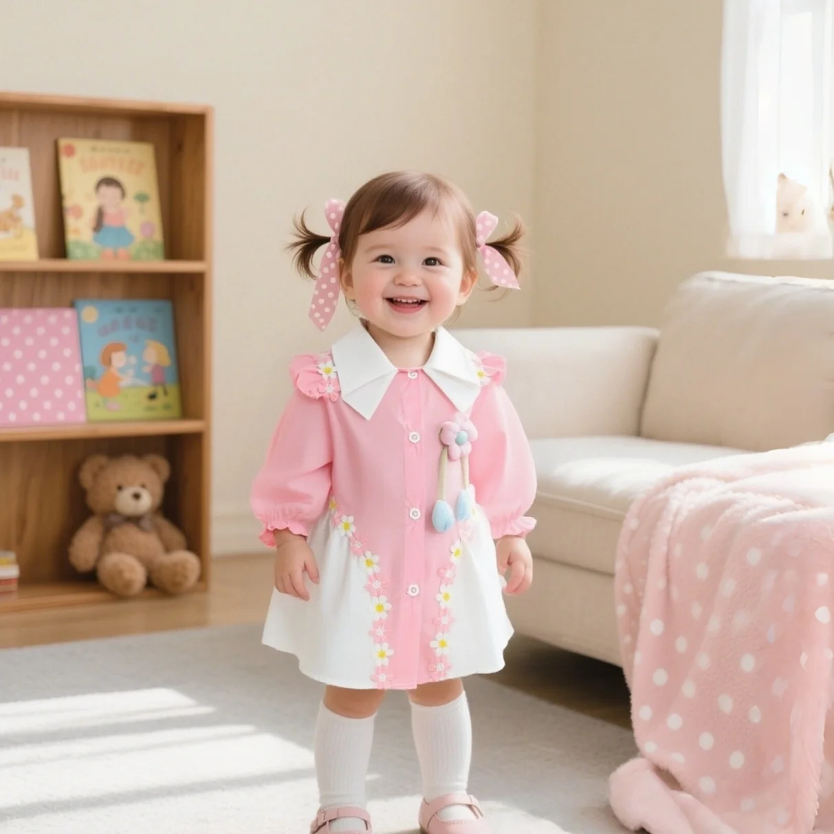 

New Autumn And Winter Baby Girl Shirt Dress With Cute Flowers And Lace, Daily Outdoor Children'S Clothing (9 Months To 4 Years)