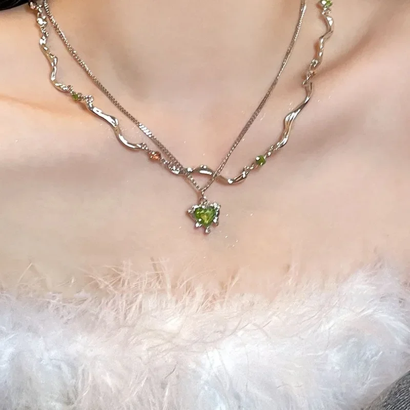

New Green Crystal Love Double Layer Necklace For Women Fashionable Personalized Daily Accessory Party Jewelry Birthday Gifts