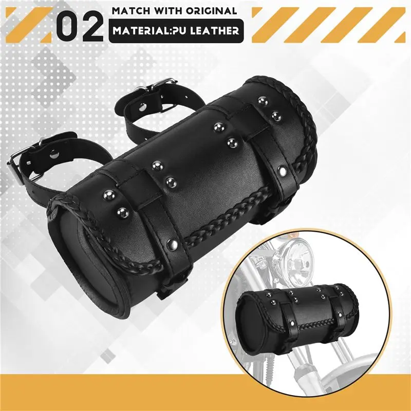 Motorcycle Fork Bag PU Leather Bicycle Handlebar Tool Pouch Sissy Bar Roll Storage Bag Saddle Bag, Universal