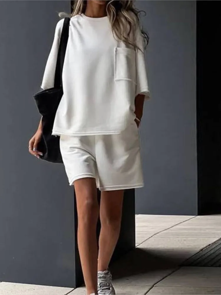 Casual Simple Short Style Sports Two Piece Set Women Solid Color Loose Half Sleeves T Shirt Shorts 2 Piece Sets Lady Streetwear