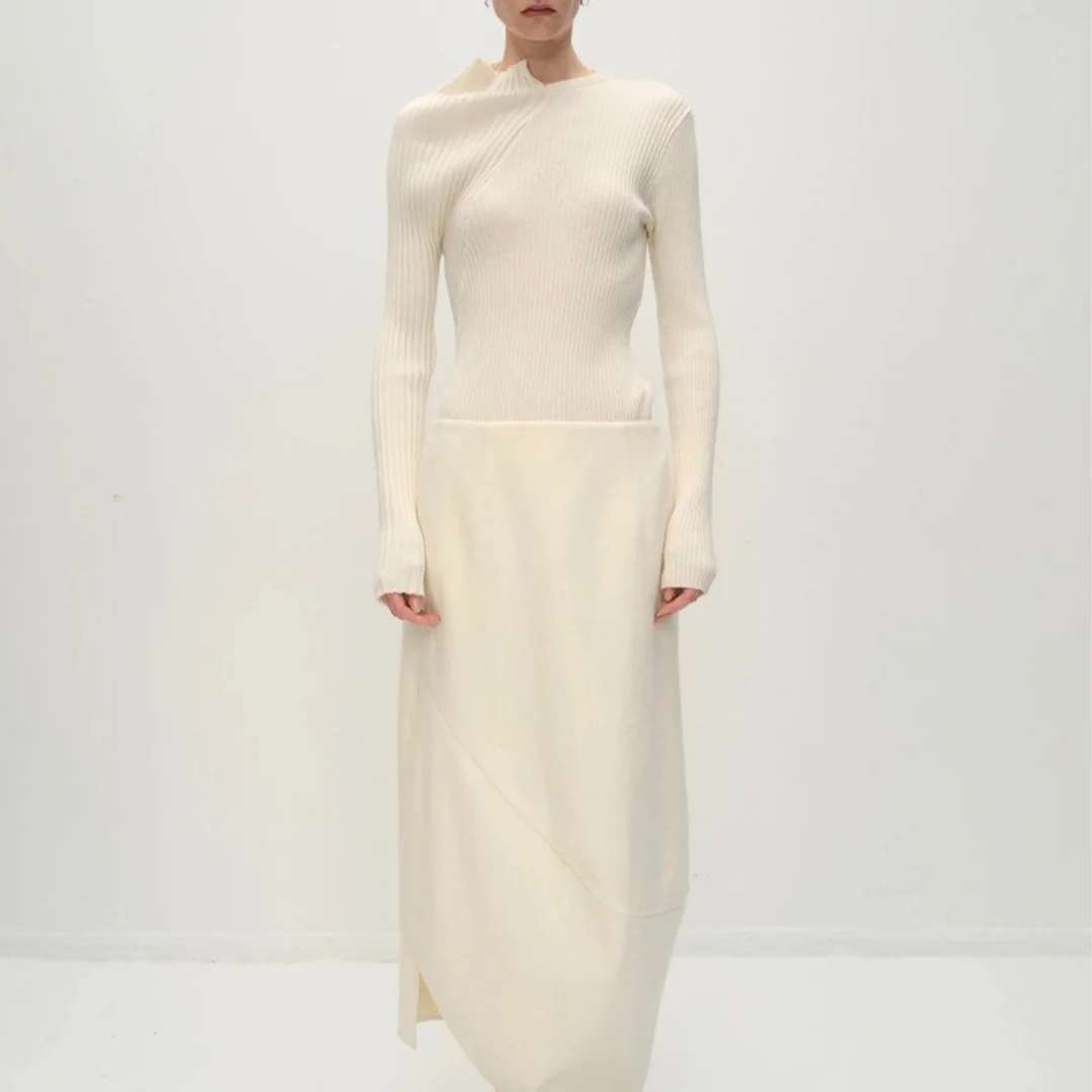 

Women'S Slim-Fit Long-Sleeve Layering Top With Asymmetrical Patchwork Knit For Fall/Winter