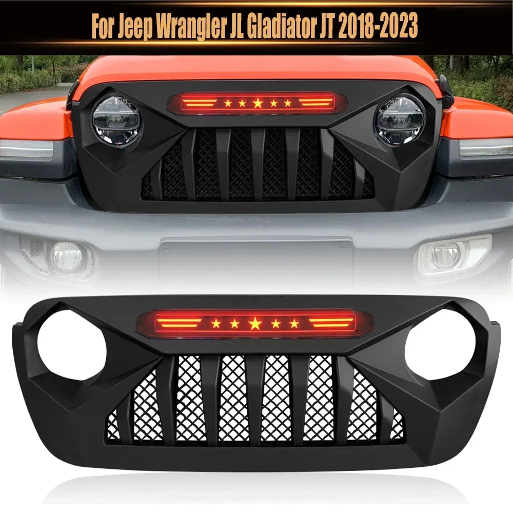 

For Jeep Wrangler JL Gladiator JT 2018-2023 Accessories Offroad Bumper Grille Cover with Light Front Mesh Grill Racing Grills