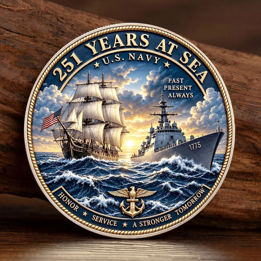 2D Navy 251 Years At Sea Silvery Plated Challenge Coin Anchor Compass Souvenir Coin Collectible Gift for Veteran