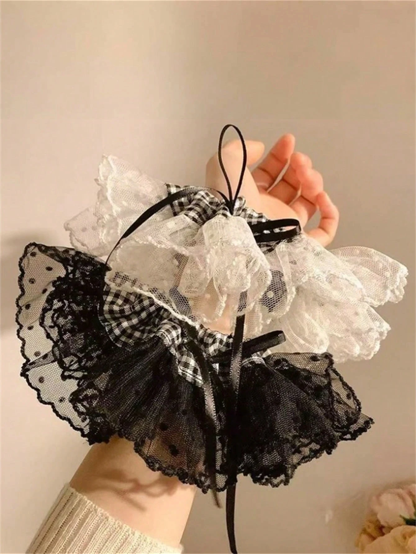 1/2 Uds. Scrunchie de pelo con lazo de lunares de Encaje Vintage para mujer, lazo elegante para el pelo para cola de caballo, moño, estilo francés versátil