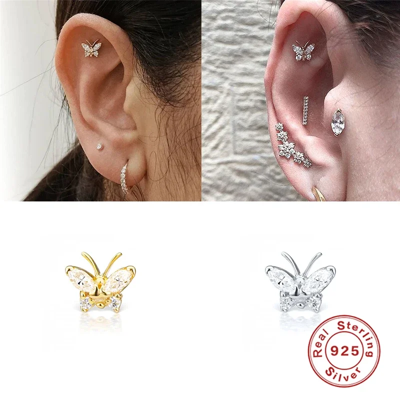 KO 925 Sterling Silver Dainty Piercing Ear Lobe Stud Earring for Women Helix Rook Conch Tragus Flat Earring Sexy Jewelry 1pc