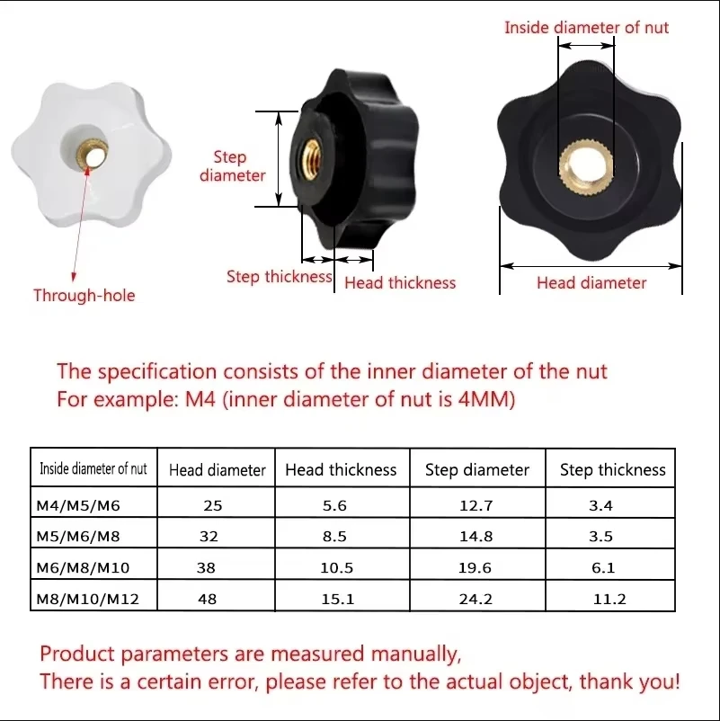 Plum Hand Tighten Nuts M4 M5 M6 M8 M10 M12 Black/White 6-Star Handle Copper Thread Through/Blind Hole Clamping Knobs Manual Nuts