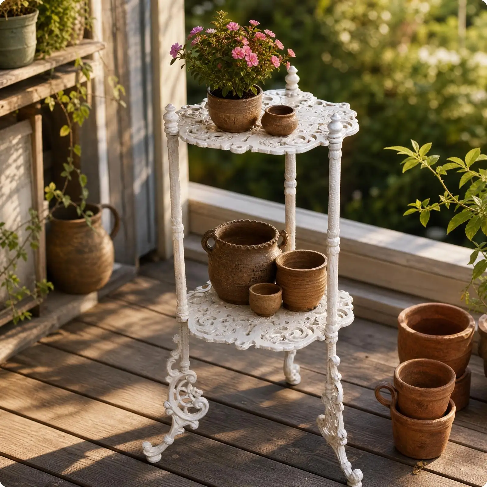 Ornate Metal Plant Stand with Scroll Detailing Freestanding Metal Plant Stand with Openwork Shelves Rack Indoor Outdoor