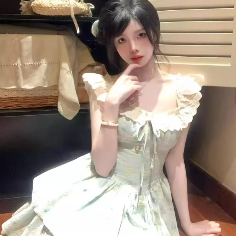 2025 nuevo verano dulce estampado Floral estilo francés manga acampanada cintura ceñida vestido delgado Lolita princesa vestido de baile mujeres Mini vestido