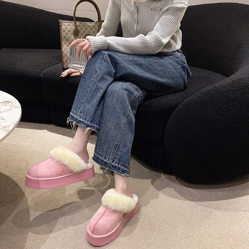 2023 New Winter Women Fur Slippers Warm Boots Platform Flip Flops Short Plush Flats Home Cotton Shoes Suede Mules Ladies Boots