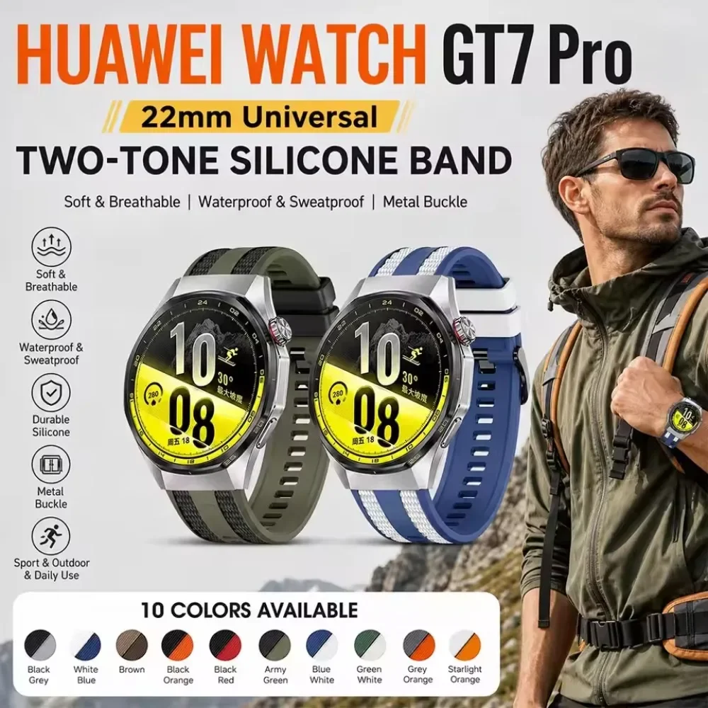 22mm Two-color Silicone Strap for Huawei Watch 5 GT7/6/5/4 GT7 Pro 46mm Official Soft Replace Bracelet Garmin Foerunner 570 47mm
