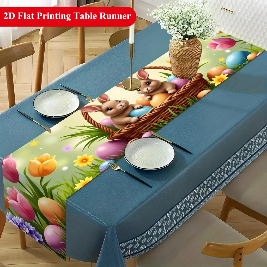 Easter Table Runner - 1PC Bunny Colorful Eggs 2D Print Spring Holiday Festive Cover for Dining Coffee Table TV Stand