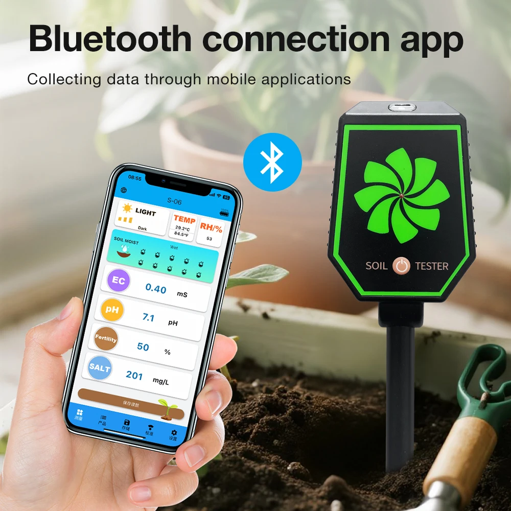 

Многофункциональный портативный измеритель pH почвы 8-в-1 с Bluetooth: тестер pH/солености/EC/плодородия/температуры/влажности/освещенности/насыщения светом