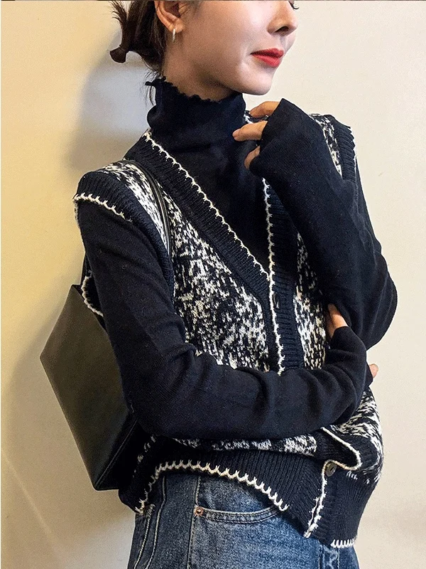 Retro V-neck Open Cardigan Vest Women's Layering High-neck Base Shirt Versatile Commute Two-piece Shoulder Set Floral Embroidery