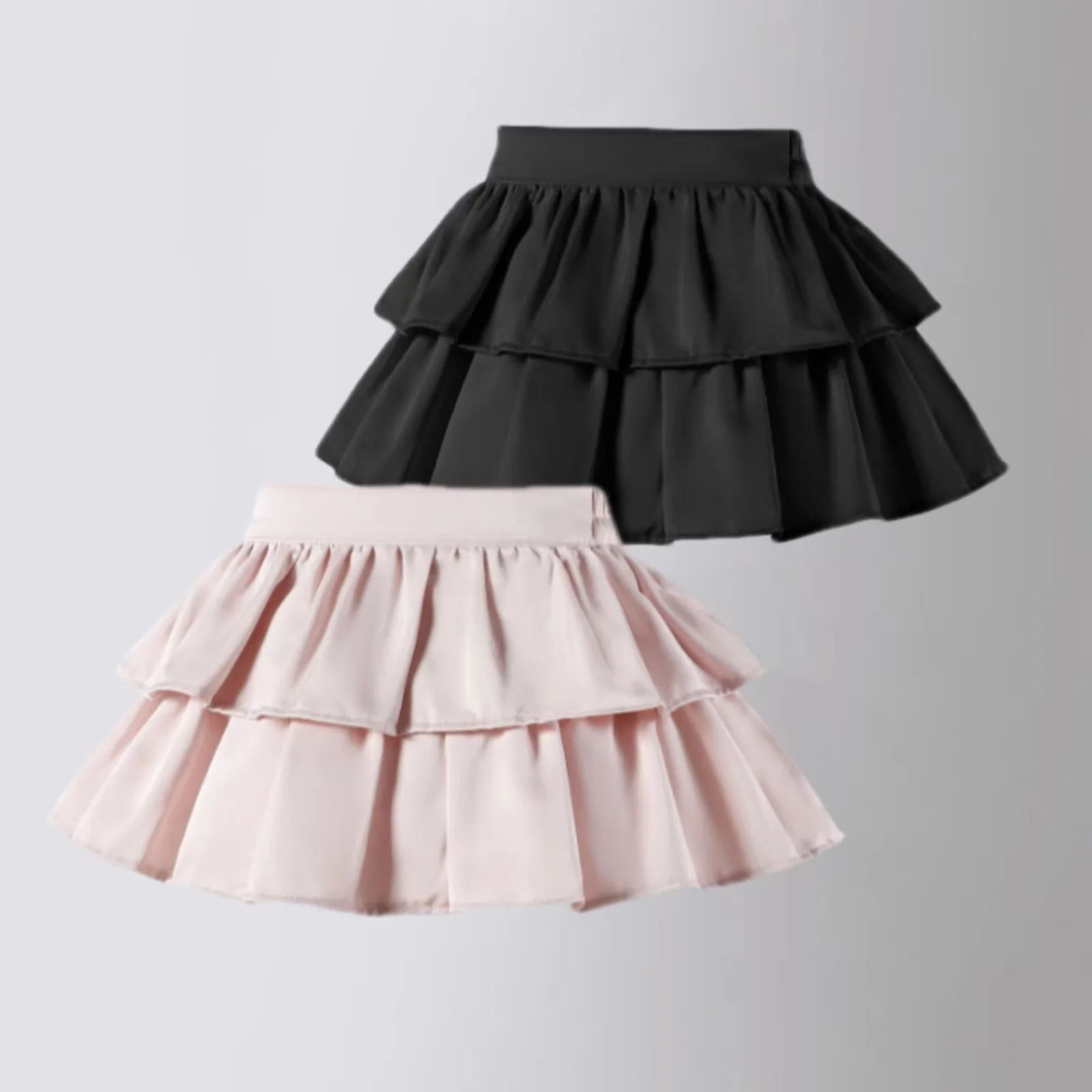 

Girl Layered Skirts Pink Silk Double-layer Ruffle Short A-Line Skirt Autumn Kids High Waist Tutu 4 To 13 Years Children Clothing