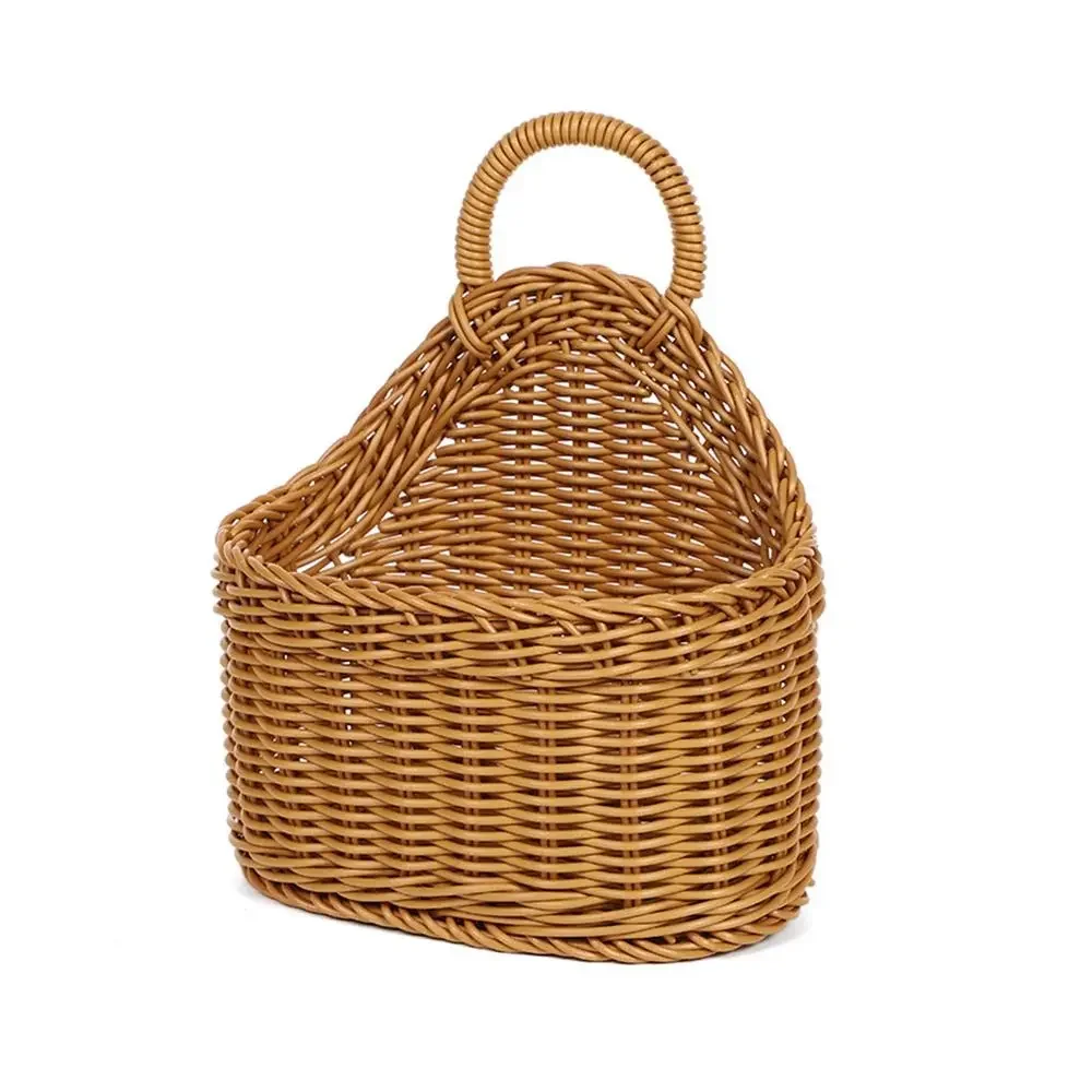 Imitation Rattan Kitchen Storage Basket with Handle Brown Hand-woven Hanging Baskets Sundries Organizer Living Room