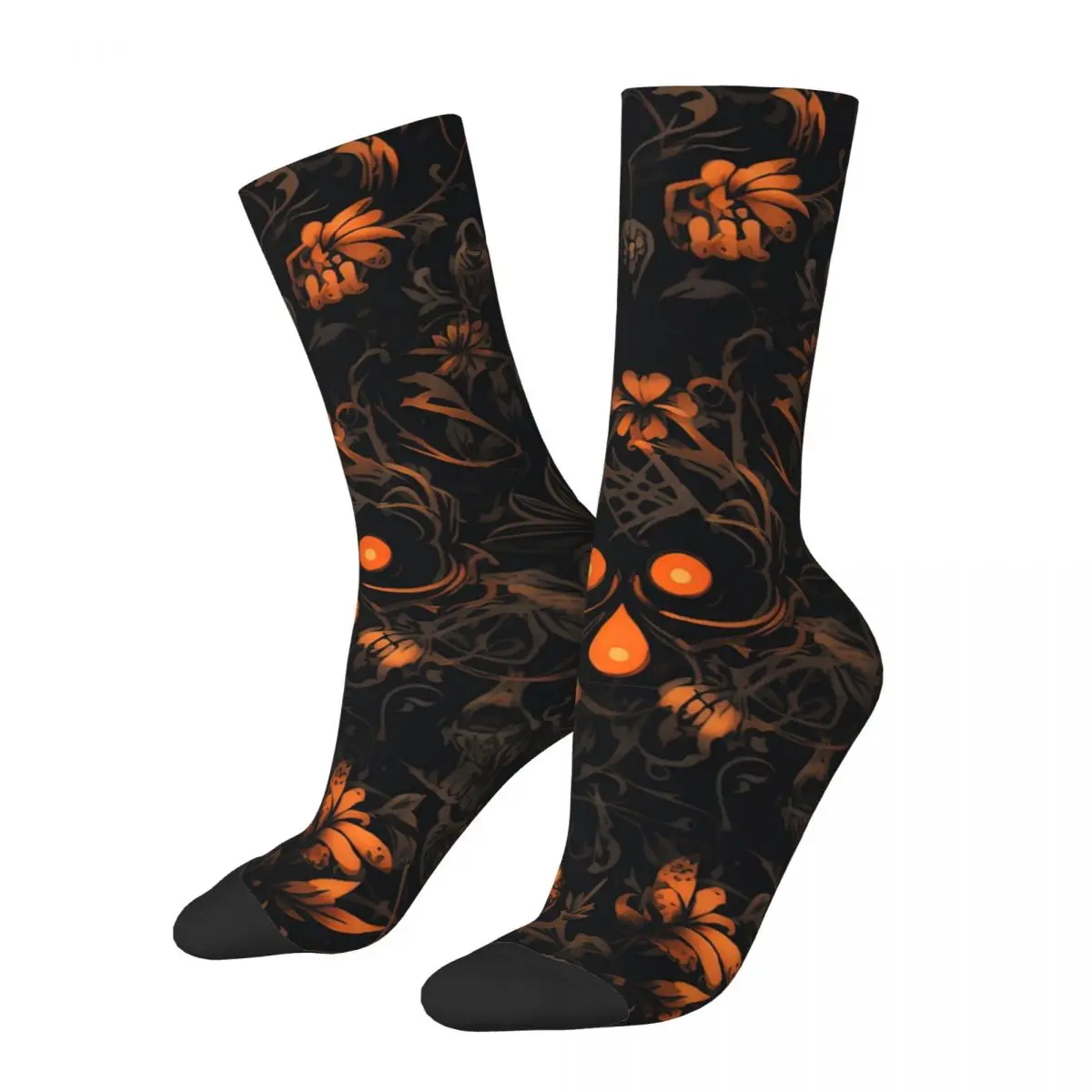 

Black and Orange Flowers with Skulls on Them Funny Socks for Women Men Novelty Street Style Crazy Spring Summer Socks Gifts