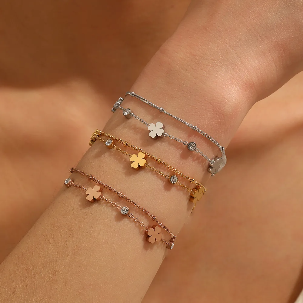 

Multiple small flower rhinestone double-layer stainless steel four-leaf flower bead double-layer bracelet for women