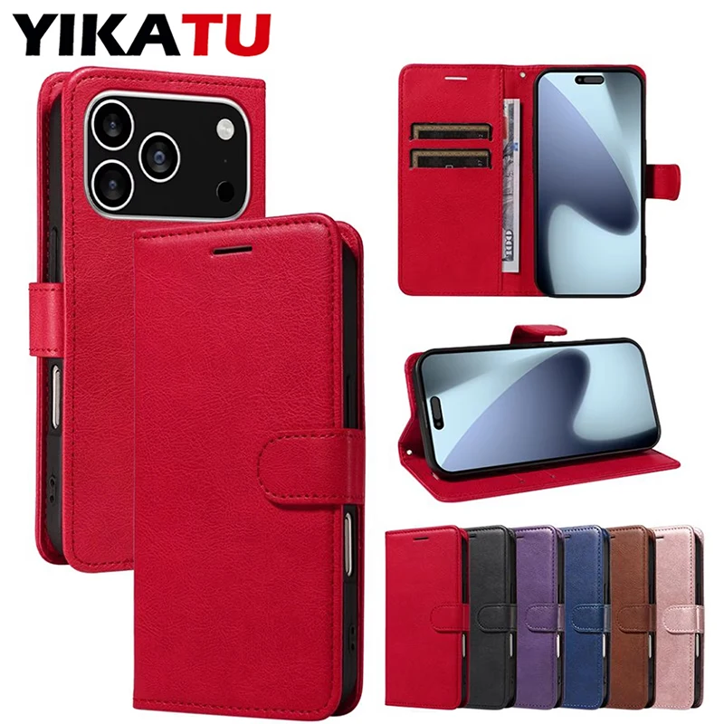 Кожаный чехол-кошелек для телефона для iPhone 17 Air 11 12 13 14 15 16e 16 Pro Max XS XR X 6S 7 Plus 8 SE 2020 Mini Magnetic Flip Cover