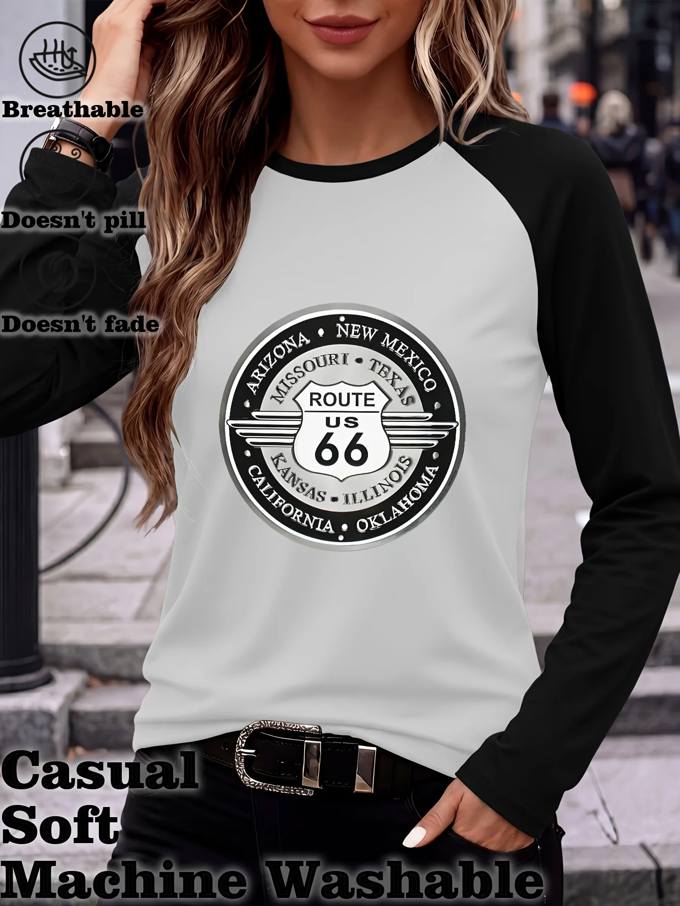 Women' Vintage Route 66 State Emblem T-Shirt Retro Raglan Long Sleeve Top with Route 66 Lettering and State Print Casual Clothes