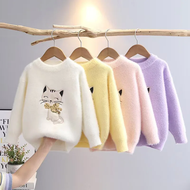 

Princess Girl's Sweater Thickened Autumn Winter New Fashionable Cartoon Cat Children's Knitted Sweaters Little Girl Tops