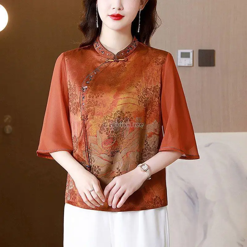 

2023 women's summer new chinese style vintage embroidery stand collar half sleeve qipao top loose casual cheongsam blouse s262