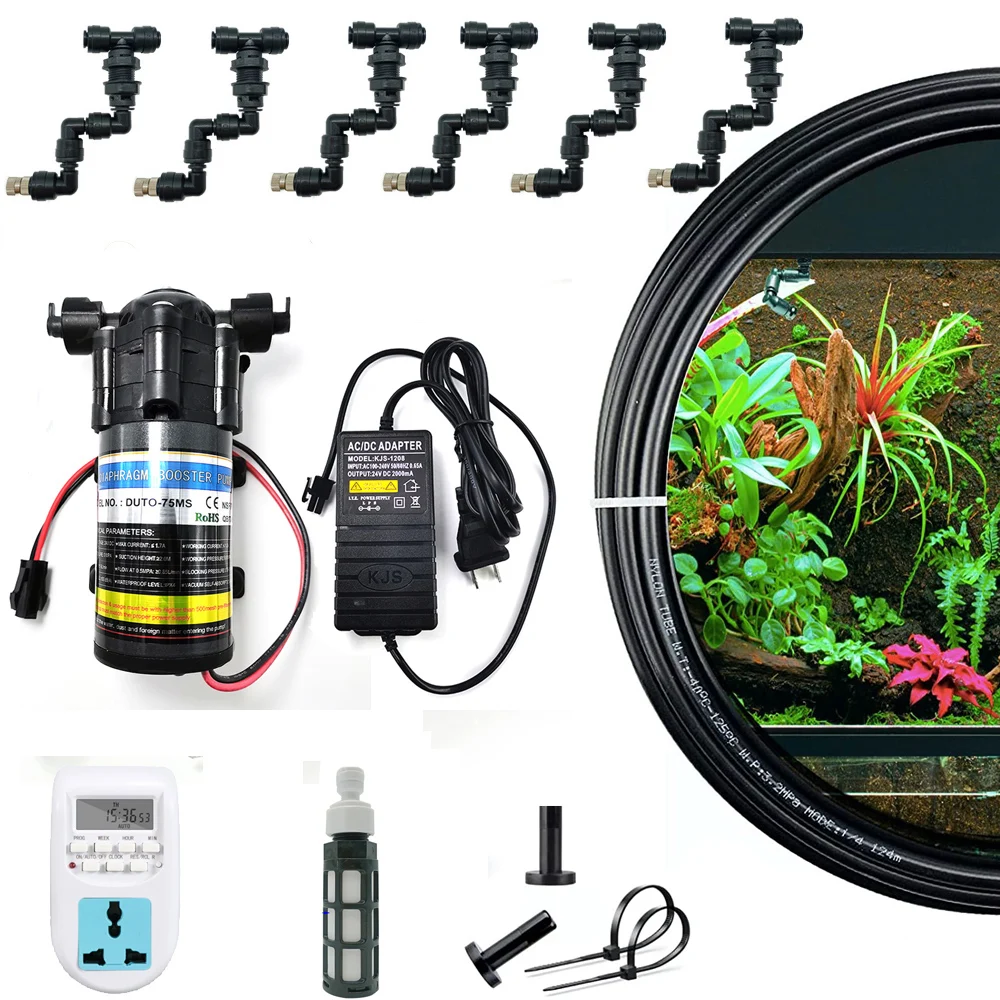 Super Quiet Water Pump Reptiles Mist Sprinkler Rainforest Tank Pet Humidifier Cooling System 5/10/15M Automatic Timer Control