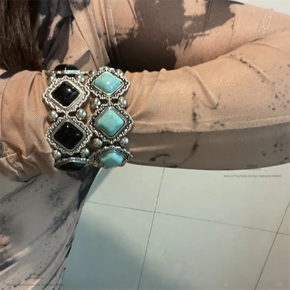 Vintage Bohemian Ethnic Acrylic Bangle Elastic Acrylic Irregular Wide Bracelet Rhombic Patchwork Round Exaggerated