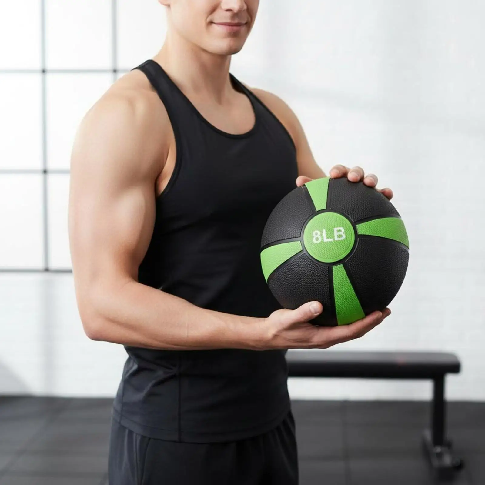 Non-slip, weighted rubber medicine ball. Segmented fitness equipment.