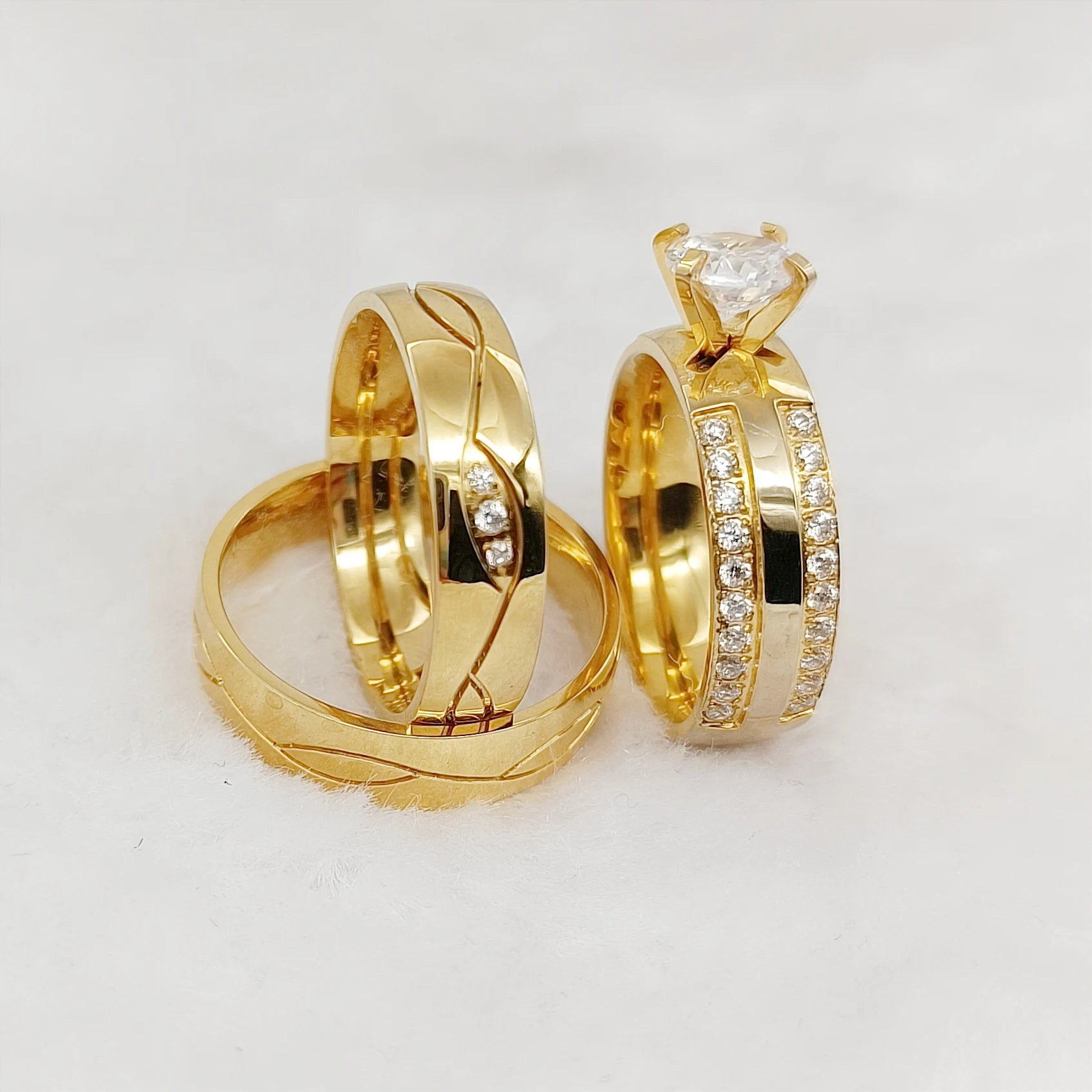 Wholesale 3pcs Lover's Promise Wedding Engagement Rings Sets For Couples Vintage Handmade 24k gold plated Fashion jewelry Ring