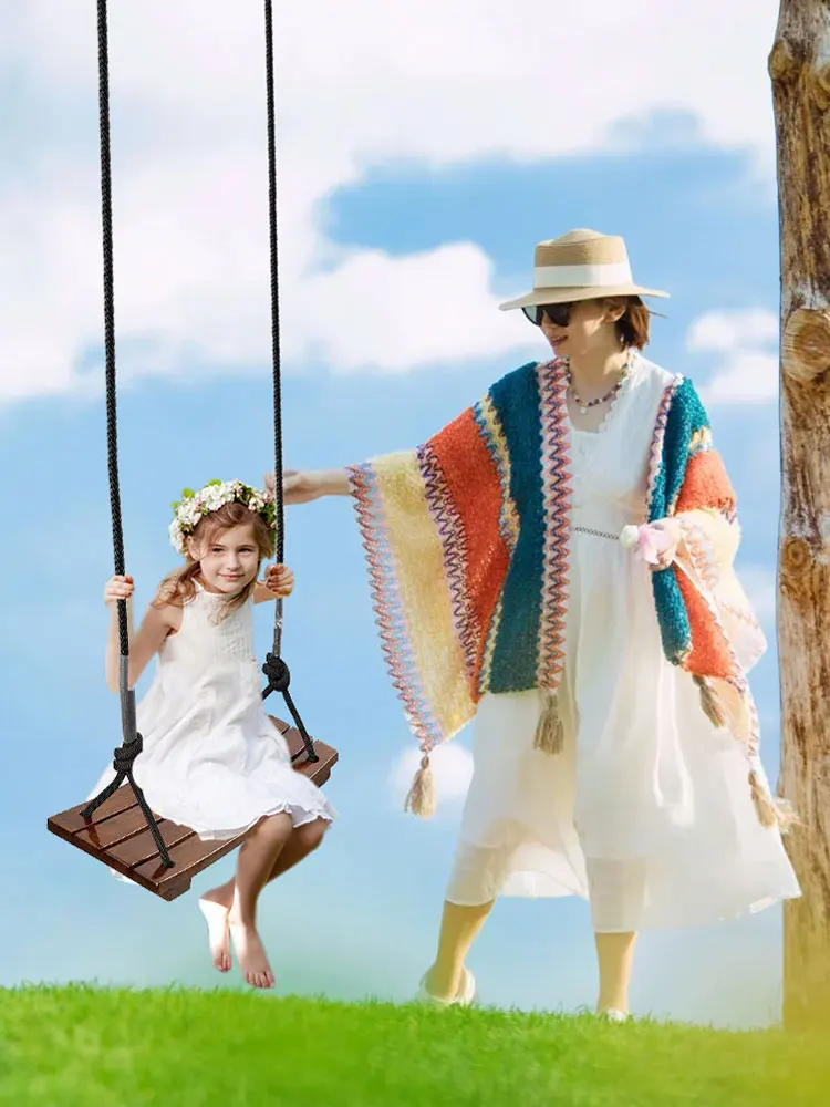 أرجوحة من الخشب الصلب مقعد أرجوحة خشبي أقصى حمولة 440 رطل أرجوحة حبل خارجية قابلة للتعديل طول حبل لساحة فناء الحديقة #6