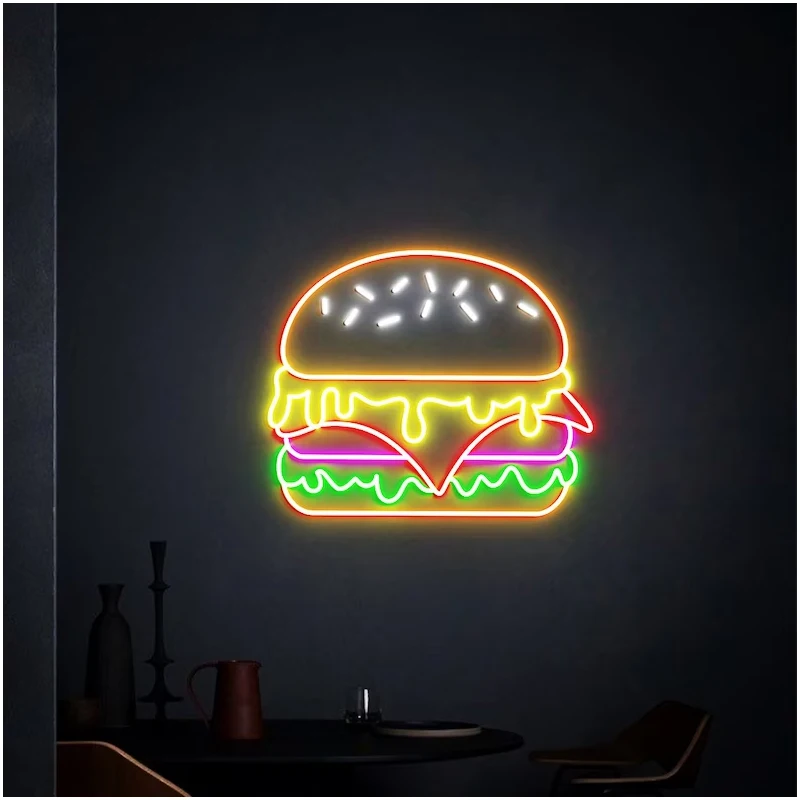 Burgers Neon Sign Art Sign Custom Fast Food Shop Hamburger LED Light Fast Food Shop Restaurant Welcome Sign Gift for Opening