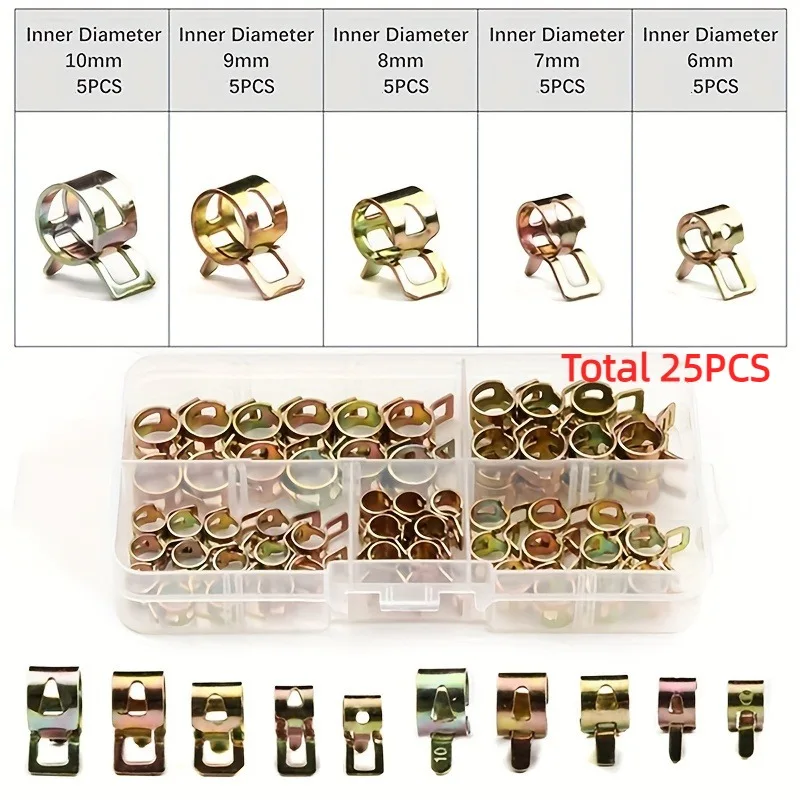 25/75pcs Spring Hose Clamps Fuel Line Hose Water Pipe Air Tube Clamps Fastener Pipe Clamp For Water Outlet Pipes M6-M10