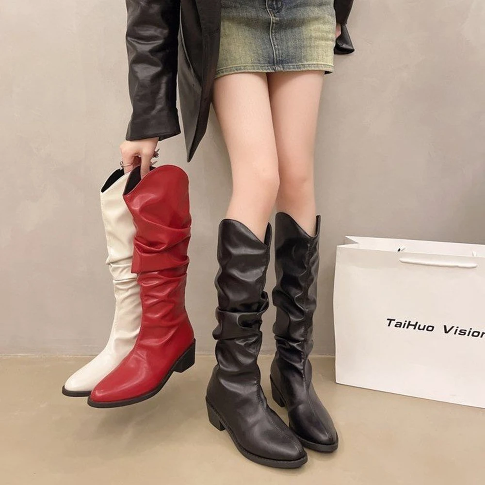 

Fashion Women Boots Spring Boots Botas Female Stretch PU Leather Shoes Woman Black Red White Roma Knee-Length